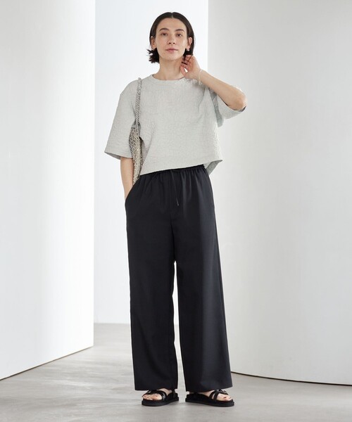 tシャツ ジャガード クルーネック 6分袖 プルオーバー レディースの画像