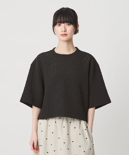 tシャツ ジャガード クルーネック 6分袖 プルオーバー レディースの画像