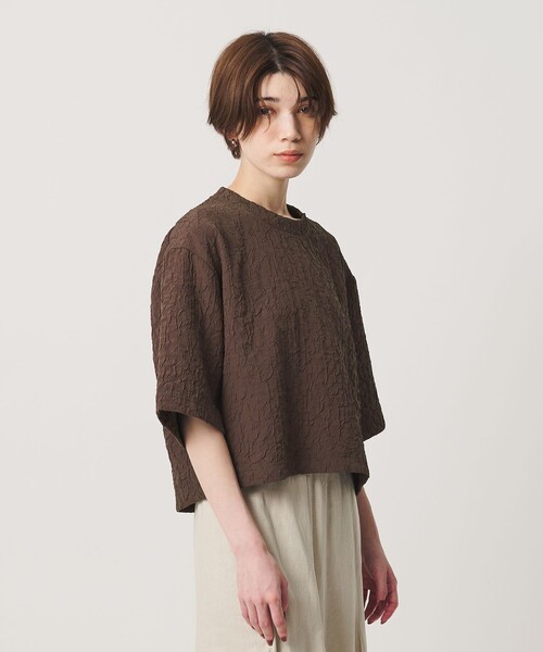 tシャツ ジャガード クルーネック 6分袖 プルオーバー レディースの画像