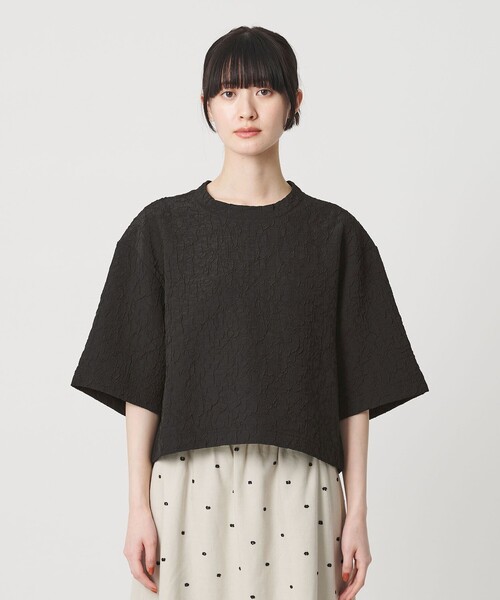 tシャツ ジャガード クルーネック 6分袖 プルオーバー レディースの画像