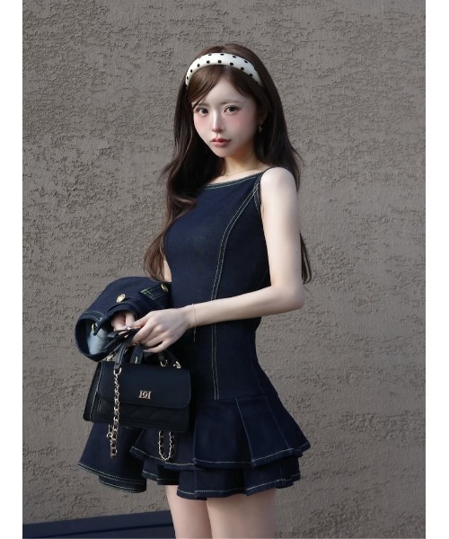 ワンピース ダブルプリーツデニムミニワンピースの画像