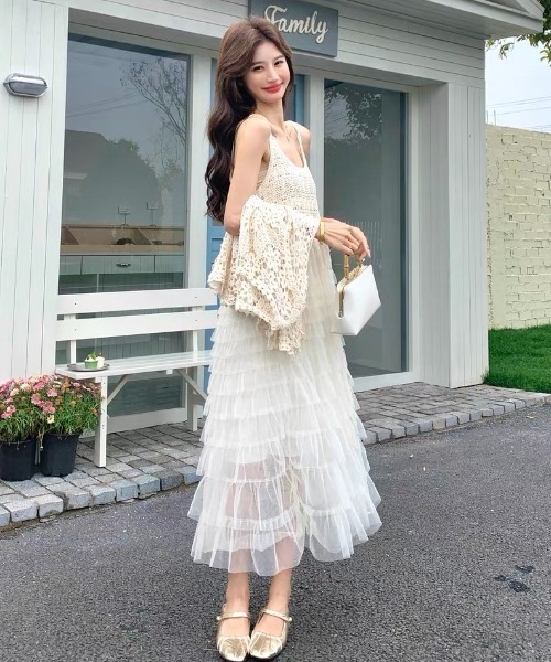 gossip!ロサンゼルス ワンピース 透かし編みフリンジ付きティアード