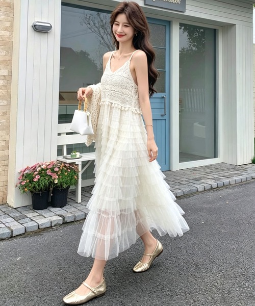 gossip!ロサンゼルス ワンピース 透かし編みフリンジ付きティアード