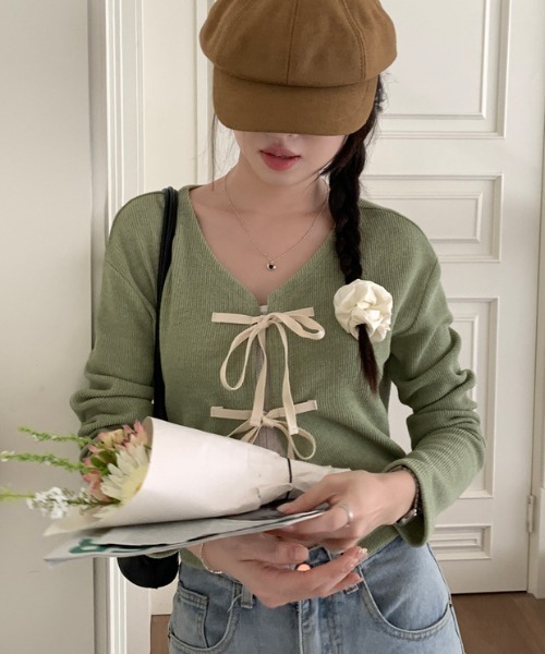 【美品】foxcoリボン付きカーディガン LACーVERT カーディガン クロップドリボンカーディガン レディース