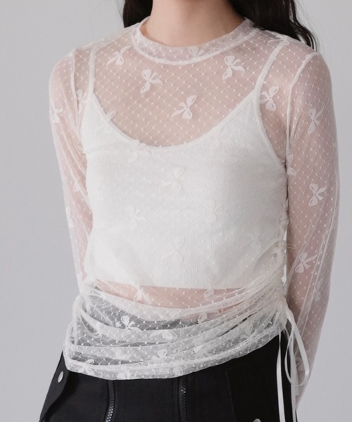 Uenui tシャツ シアー リボン トップス シースルー カットソー 透け感