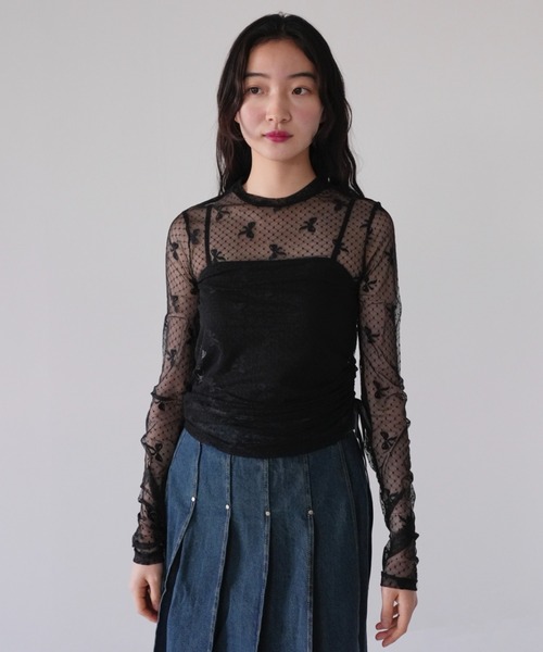 Uenui tシャツ シアー リボン トップス シースルー カットソー 透け感