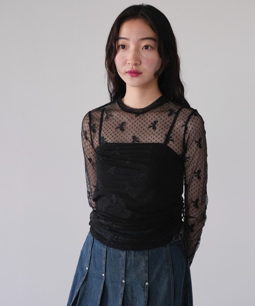 Uenui tシャツ シアー リボン トップス シースルー カットソー 透け感