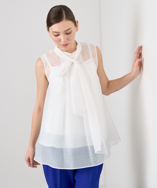 ブラウス シャツ オーガンジー切替リボンブラウス レディース ANAYI ブラウス シャツ オーガンジーリボンボウタイ レディース