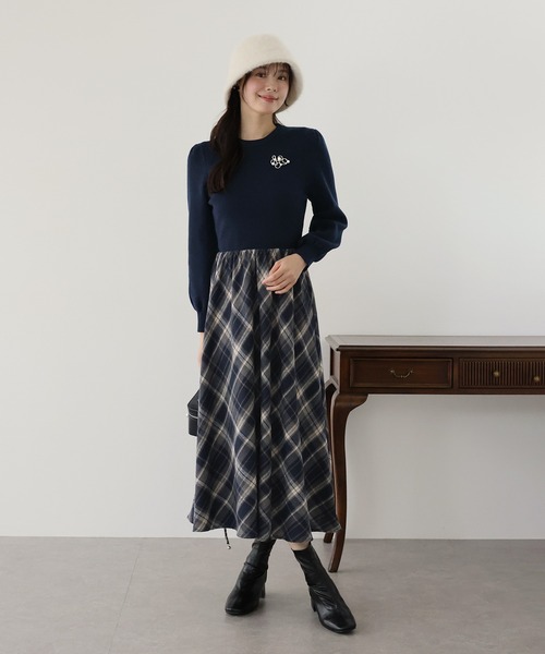 BLUEEAST ワンピース チェックドッキングニットワンピース