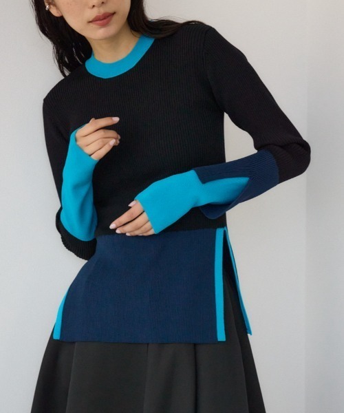 【PLUS】カラーブロッキングリブニット/レディース/トップス ニット  長袖 ブランド AZUL PLUS AZUL by moussy｜【PLUS】カラーブロッキングリブニット