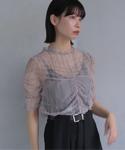cheriella tシャツ 半袖 「cheriella」プリントシアーギャザートップス