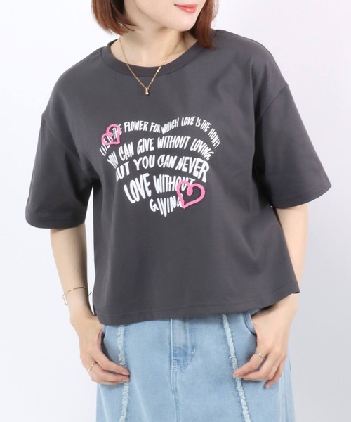 tシャツ ハートマーク刺繍 レタリングロゴプリント コンパクトT