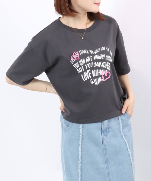tシャツ ハートマーク刺繍 レタリングロゴプリント コンパクトT