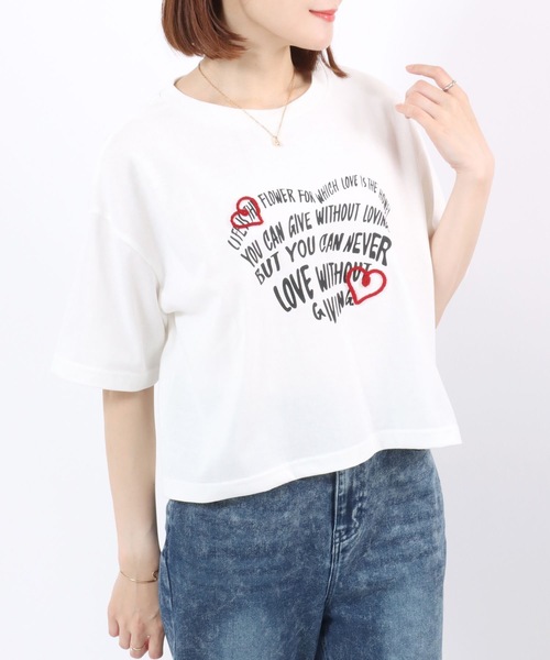 tシャツ ハートマーク刺繍 レタリングロゴプリント コンパクトTシャツ