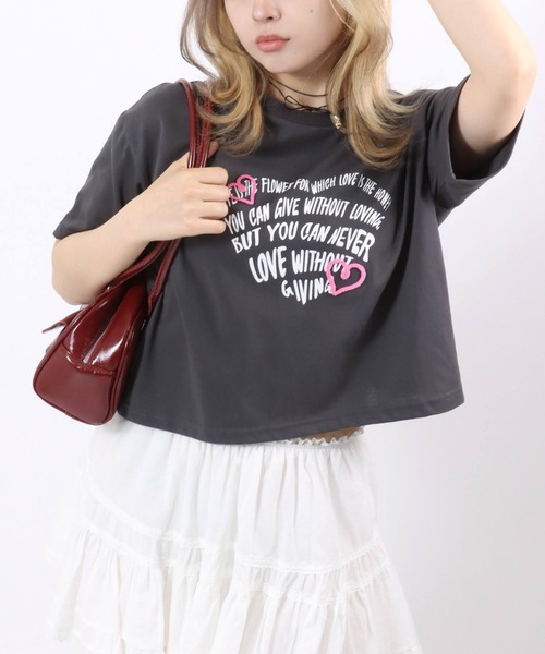 tシャツ ハートマーク刺繍 レタリングロゴプリント コンパクトTシャツ