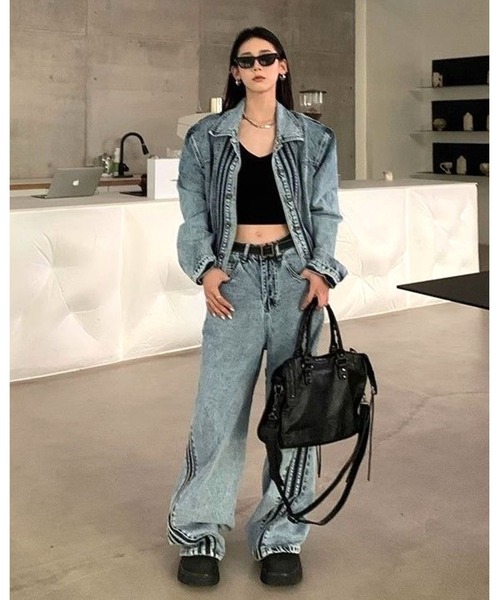 FUNdaysion セットアップ ライン切り替えデニムセットアップ