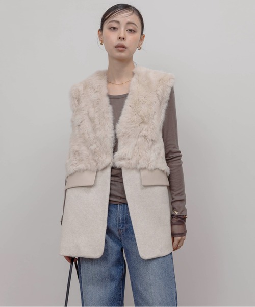 新品　今季　エイミーロウ　ファーメルトンベストジレ　ダークグレー Eimee Law（エイミーロウ） ベスト ジレ ファー＆メルトンボクシィジレ