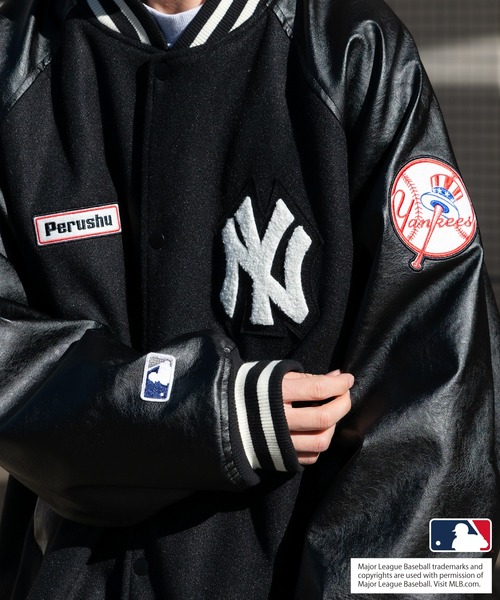 り*ご様 Perushu×MLB ニューヨーク・ヤンキース スタジャン ブラック Perushu スタジャン「MLBコラボ」 X-LARGE ブラック メンズ : ZOZOTOWN