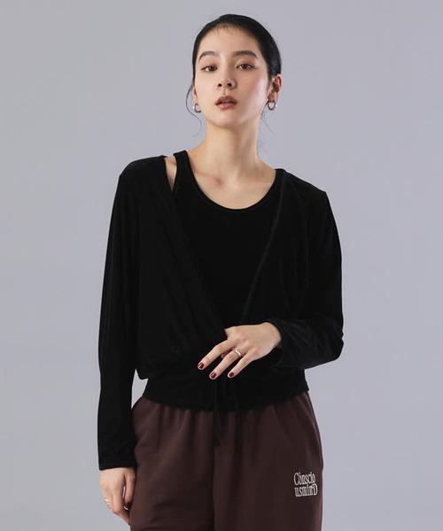 美品✨HERMES ベロアドレープ長袖カットソー 黒 34 シルク混 フランス製 Muscat tシャツ 「セットアイテム」ベロア カシュクールトップス