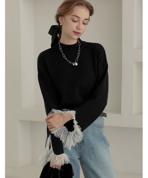 極美品 現行品 2025SS ドゥロワー M.SUMMER1レーススリーブニット ショルダーフラワーレースニットプルオーバー