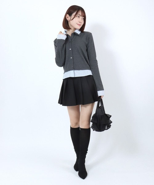 極美品 ワイズ フェイクレイヤードシャツ 2 ブラック×グレー ブラウス ブラウス シャツ フェイクレイヤード シャツドッキング リブトップス