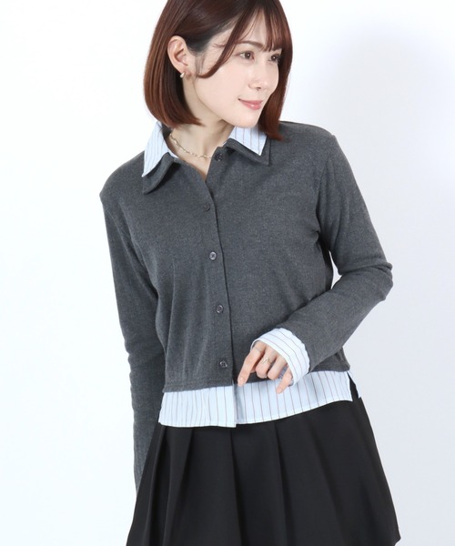 極美品 ワイズ フェイクレイヤードシャツ 2 ブラック×グレー ブラウス ブラウス シャツ フェイクレイヤード シャツドッキング リブトップス