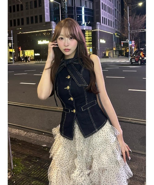 ダークデニム ボタン付きベスト Darich（ダーリッチ） ベスト ジレ DDボタンリボンデニムトップス