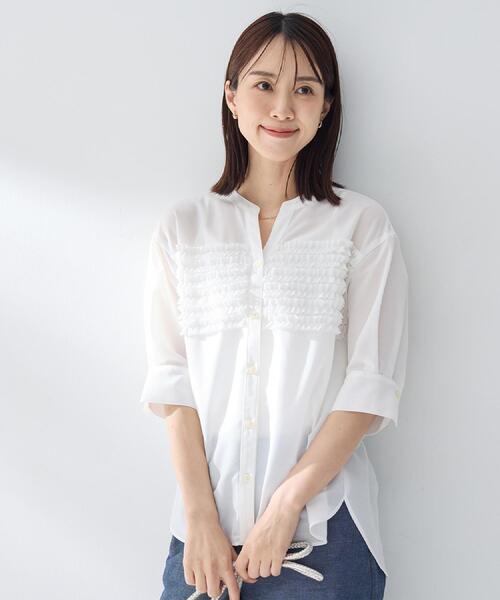 ブラウス シャツ 「接触冷感/通気性/洗える」フロントフリルブラウス レディースの画像