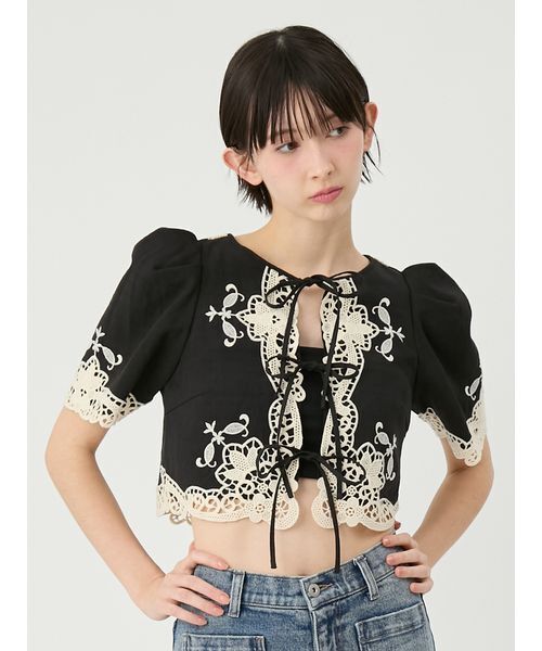 ジャケット ノーカラージャケット カットワークパネルレースジャケット レディースの画像