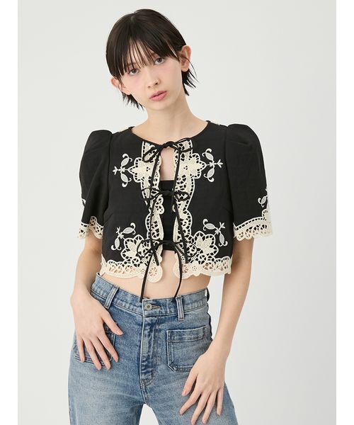 ジャケット ノーカラージャケット カットワークパネルレースジャケット レディースの画像