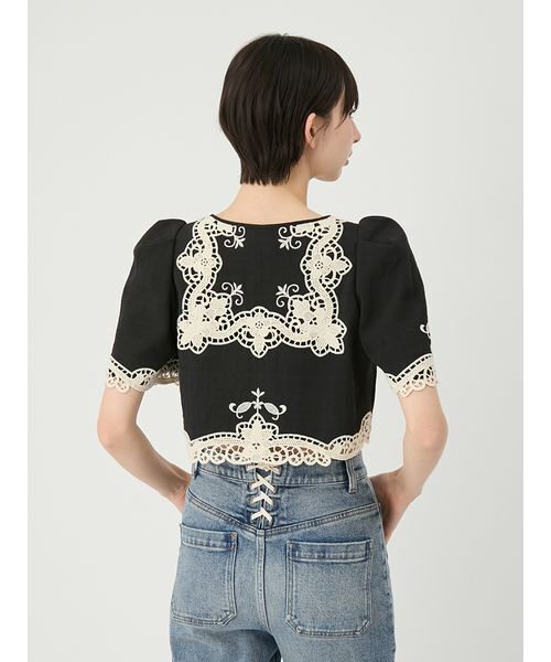 ジャケット ノーカラージャケット カットワークパネルレースジャケット レディースの画像