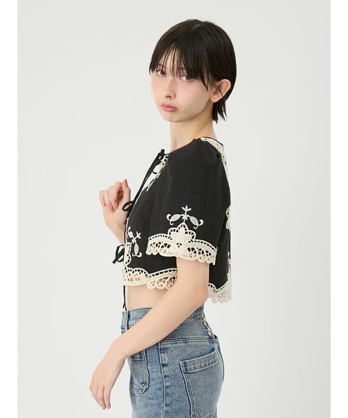 ジャケット ノーカラージャケット カットワークパネルレースジャケット レディースの画像