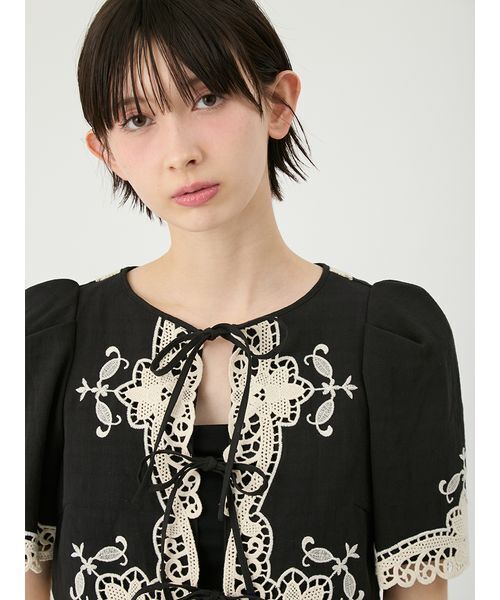 ジャケット ノーカラージャケット カットワークパネルレースジャケット レディースの画像
