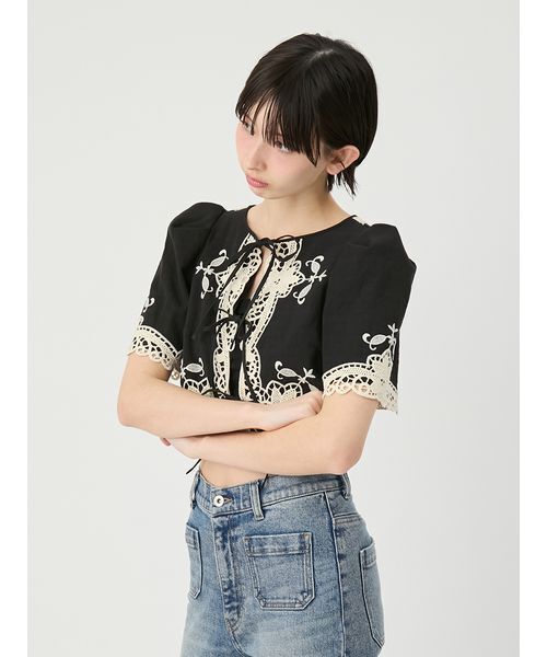 ジャケット ノーカラージャケット カットワークパネルレースジャケット レディースの画像