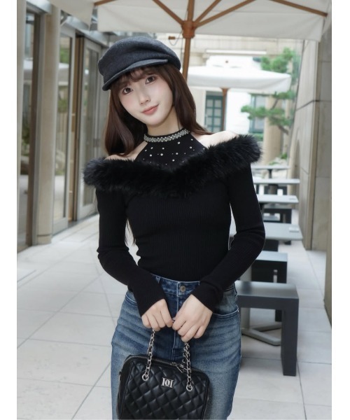 Darich ビジューDRニットトップス ブラック ダーリッチ Darich（ダーリッチ） ニット セーター ファートリムビジューニット