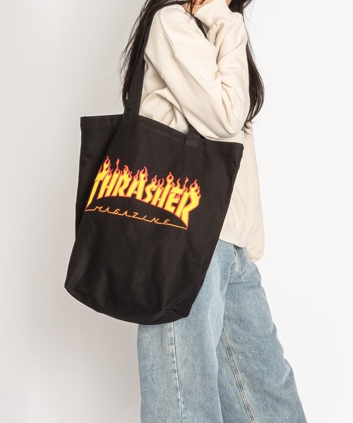 THRASHER フレイムロゴ トートバッグ ブラック THRASHER トートバッグ ラブ フレイムプリント メンズ