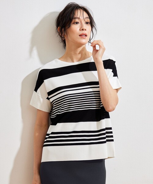 ニット セーター 「UVカット・洗える」クレープストレッチボーダー ニット レディース 自由区 ニット セーター 「UVカット・洗える」クレープ