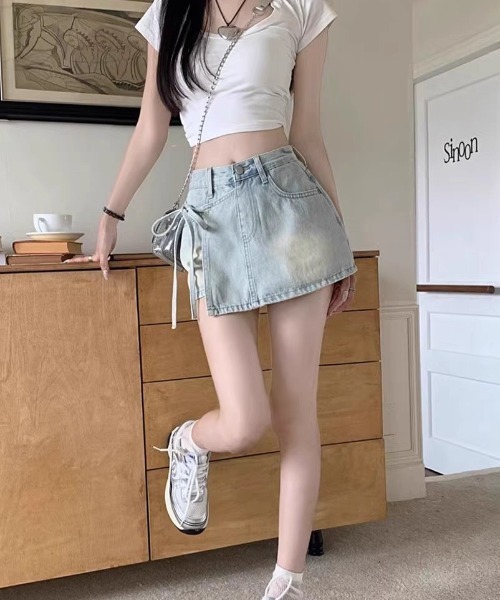   ラップスカート風ショートパンツ デニム miniministore｜ラップスカート風デニムショートパンツ春夏