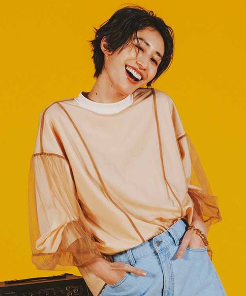 tシャツ ＩＥＤＩＴ　一枚で着映える　チュールを重ねたカットソートップス レディース