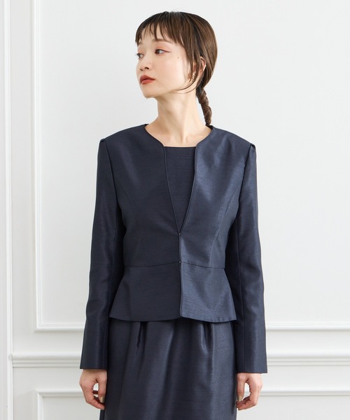 AIMER ジャケット ノーカラージャケット ノーカラーシャンタンペプラム