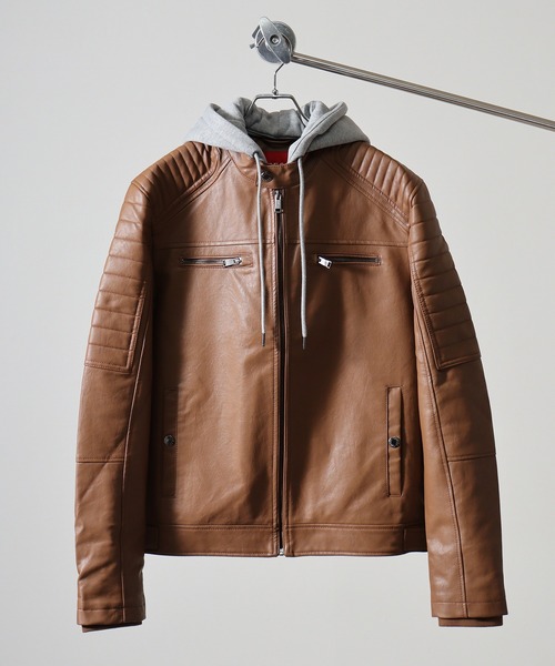 Guess ブラウンレザーシェルパジャケット GUESS（ゲス） ブルゾン アウター GUESS DAVID HOODED PU PUジャケット