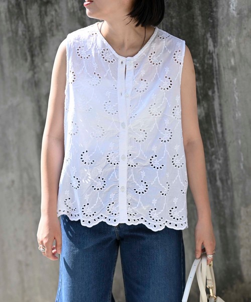 ＆HALF ブラウス シャツ インド綿刺繍ノースリーブブラウス