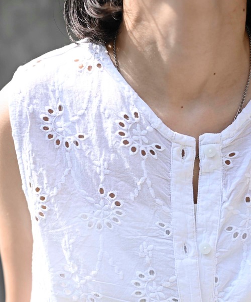 ＆HALF ブラウス シャツ インド綿刺繍ノースリーブブラウス