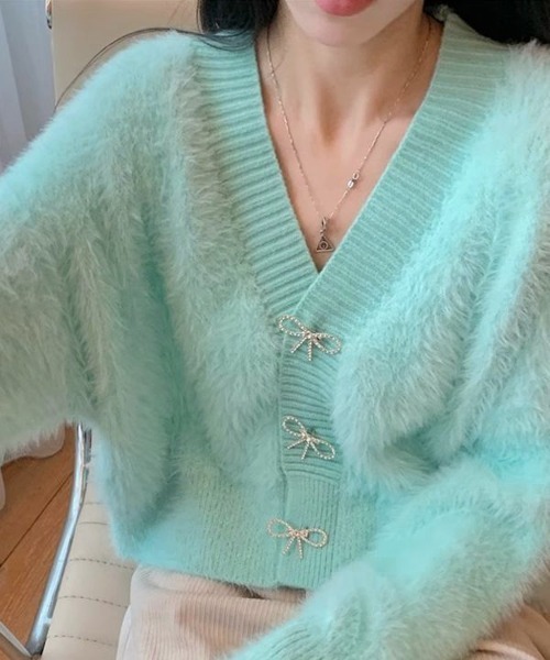 baybee  ベイビー　シャギーカーディガン ミント 美品⑅◡̈** 多種ビジュー釦シャギーニットカーディガン≪Shaggy and Fur Collection≫