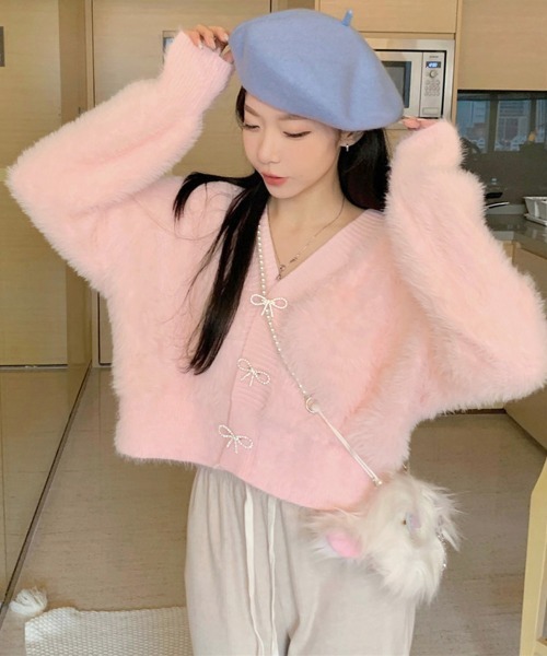 baybee  ベイビー　シャギーカーディガン ミント 美品⑅◡̈** 多種ビジュー釦シャギーニットカーディガン≪Shaggy and Fur Collection≫