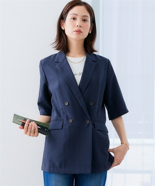 ネイビー ダブルブレストジャケット サイズ40 7days Life Styling ジャケット テーラードジャケット 麻調合繊