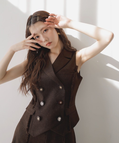 美品＊Laungedress ダブルベスト ノースリーブ ジレ ジャケット 麻 rienda ベスト ジレ 「AKB48千葉恵里さん・水島美結さん着用