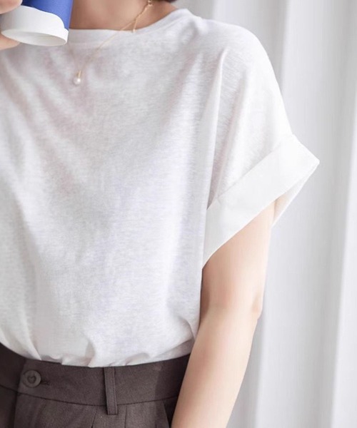 tシャツ 袖折返しシンプルTシャツ レディース