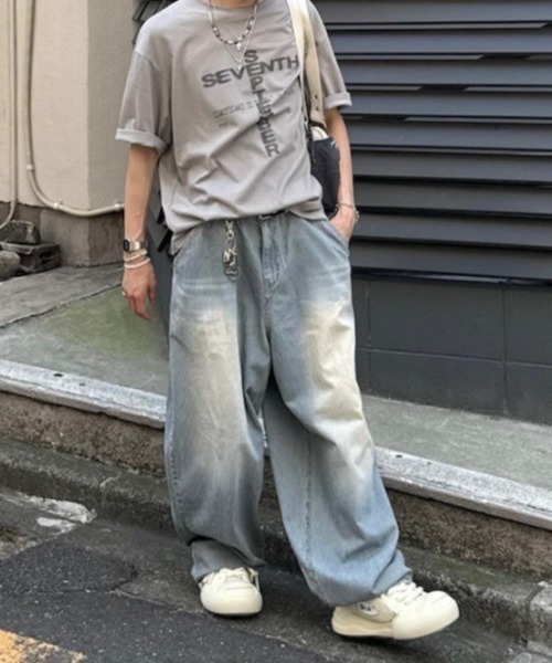 ワイドパンツ ジーンズ 「nmtc+」stripe wash wide denim pants