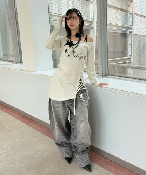 ワイドパンツ ジーンズ 「nmtc+」stripe wash wide denim pants